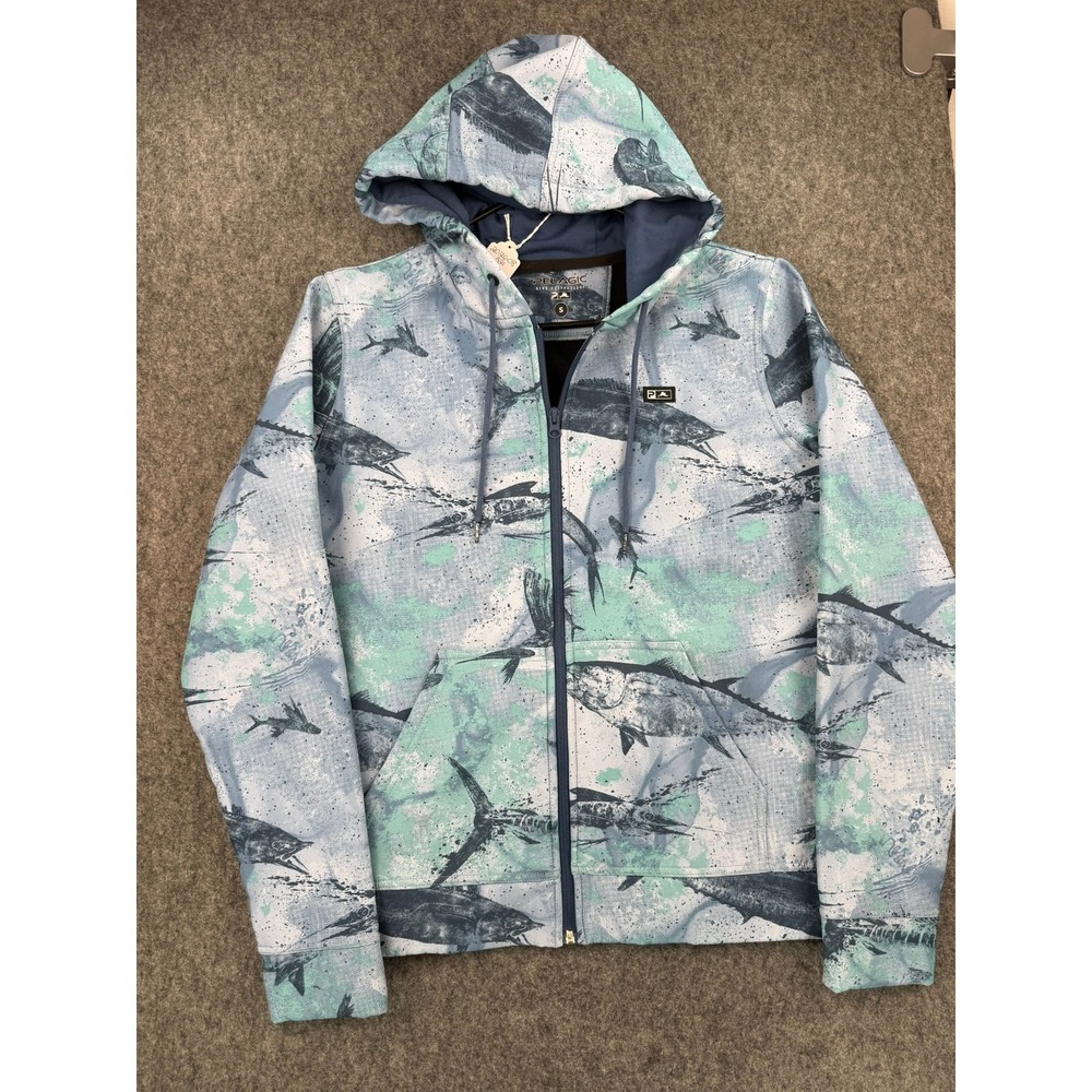 Pelagic High Performance Fish Print Full Zip Fleece Hoodie Blue Green Mens Small